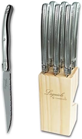 Topknife Laguiole 6 PCS Faca de faca - alça de aço inoxidável - bloco de madeira de pinheiro