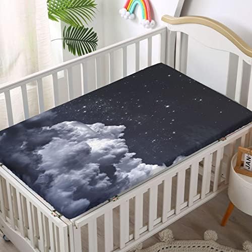 Night Sky temático ajustado Mini lençóis de berço, lençóis de berço portáteis lençóis macios e respiráveis ​​Great para menino ou quarto ou berçário, 24 “x38“, azul cinza e branco