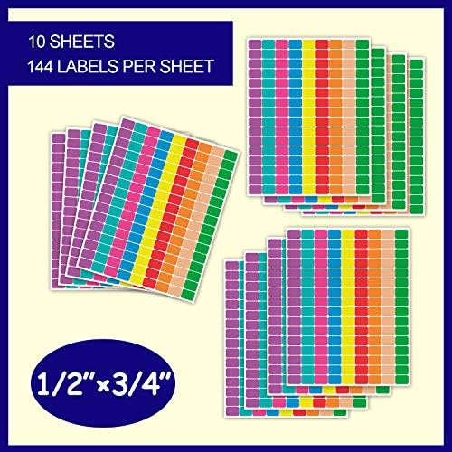 1440 PCs 1/2 x 3/4 Retângulo Codificação de cores Rótulos, 9 cores de neon brilhantes 0,5 x 0,75 polegadas adesivos retangulares, 8 1/2 x 11 folha （10 folha）