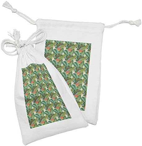 Conjunto de bolsas de tecido tropical de Ambesonne de 2, cena de close -up de plantação exótica, saco de cordão pequeno para máscaras