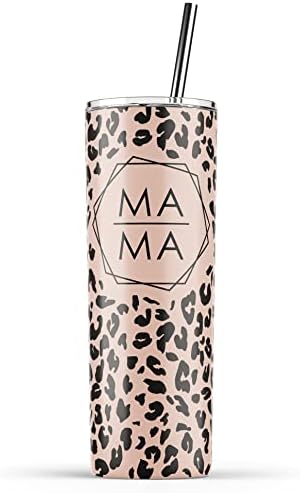 Younique Designs Leopard Mama Coffee Tumbler com palha e tampa, 20 onças, copo de aço inoxidável isolado para mulheres,