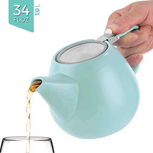 Teayra - Jove Porcelain Grande Turquoise de bule - 34,0 onças - Made Japanese - Tampa de aço inoxidável e infusor extra