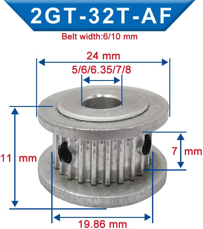 1 PC GT2-32T DISSENSAÇÃO DA PISSULAÇÃO INTERIOR DO 5/6/6.35/7/8 mm Lidra de roda Polia de alumínio 7/11 mm Adequada para a correia dentada 6/10 mm para impressoras 3D (cor: 7 mm, tamanho: