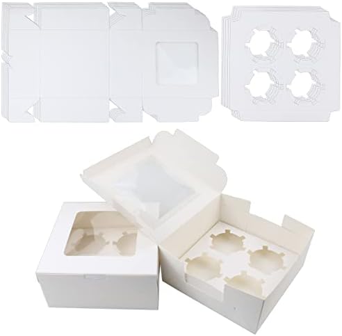 Gothabach 18 Pacote Caixas de cupcakes de papel branco com 4 caixas de presente de biscoito de cavidade com janela clara 4