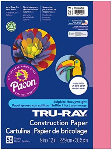 Papel de construção de pesos pesados ​​do Pacon Tru-Ray, preto, 9 x 12, 50 folhas, papel de construção de sulfitos e papel de construção de raio tru, rosa chocante, 9 x 12, 50 folhas