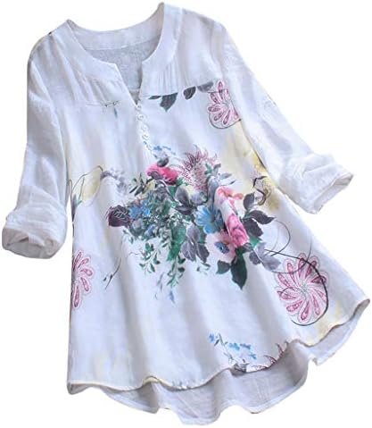 Harajuku Tunics V Impressão floral de decote de verão Tops Tops simples Mangas compridas Top T-shirt Mulheres da blusa