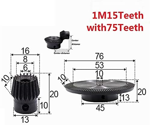Uteyeew 2pcs 1: 5 engrenagem chanfrada 1 módulo 15 orifício de dentes 6mm 75 dentes Hole interno 10mm 90 graus de comutação