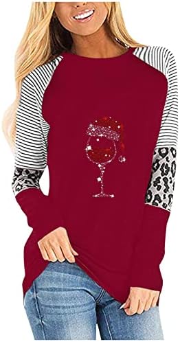 Camiseta listrada de Natal para feminino Feliz Natal Blusa Xmas Leopard Vinho de vidro de vinho tinto Tops Tops