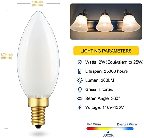 E12 Bulbos de candelabra de LED e12 equivalente, 2W 3000k Branco mole de 200lm Lâmpada de ventilador de teto, lâmpadas