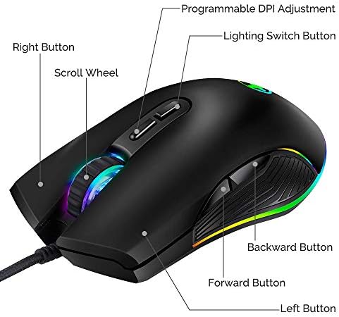Mouse de atto USB C, mouse ergonômico tipo C com luz de fundo, até 3200 dpi, mouse de jogos com fio RGB para MacBook