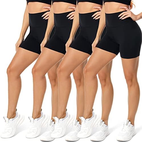 Folhamos shorts de bicicleta de cintura alta de 4 pacote para mulheres - 5 Bantey Buttery Butter Black Workout Yoga Athletic