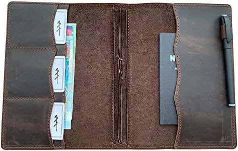 Capa de caderno para viajantes do Newestor com bolsos internos, slots de cartas e suporte para canetas, tamanho A5, marrom escuro