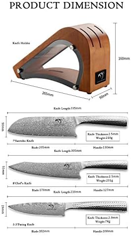 4 peças Damascus Kitchen Kitch Set com bloco, faca chef de 8 ”, faca de 7” Santoku, faca de paring de 3,5 ”, 3 slots Blocos de madeira