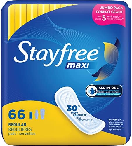 Stay Free Maxi Pads regulares para mulheres, proteção sem asas e confiável e absorção de períodos femininos, 66 contagem