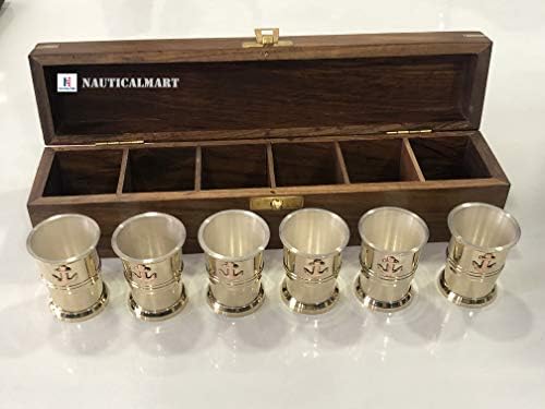 Vidro de tiro de tequila de latão náutico com monograma de âncora em caixa de madeira artesanal-Seis Glass Set
