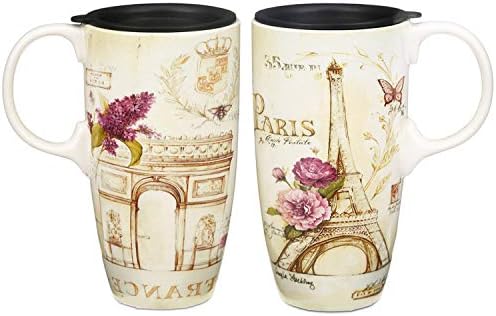 Cedar Home Travel Coffee Creamic Caneca Porcelana Latte Cup com tampa na caixa de presente 17oz., França Eiffel Tower, 2 pacote