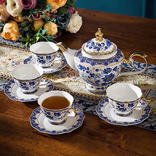ACMLIFIDO BONE CHINA TEA Conjunto de chá com bule de chá, 13 peças de porcelana azul e branca Conjunto para adultos, conjuntos de chá florais vintage para festas de chá ou presentes do dia das mães