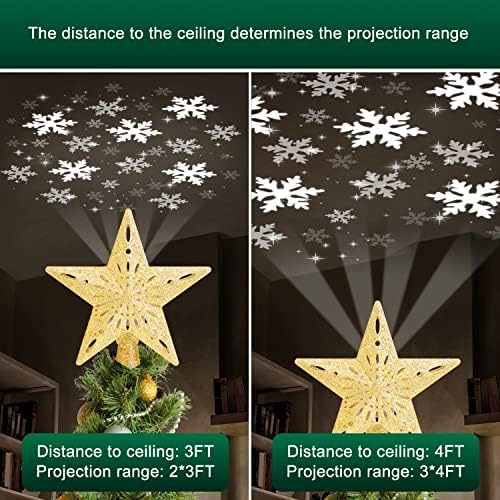 Kesfitt Christmas Tree Topper iluminado com 6 modos de projeção para decoração de Natal, luzes de led de led de led de estrelas de estrela de Natal, projeção dinâmica clara em 3D para férias de festa de natal, ouro