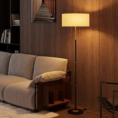 Luminoso de piso Karjoefar 2, lâmpada de piso no meio do século com tom de tecido branco, lâmpada de lâmpada alta para quarto de estar, 3 temperaturas de cor 9W Bulbo incluem, preto/dourado