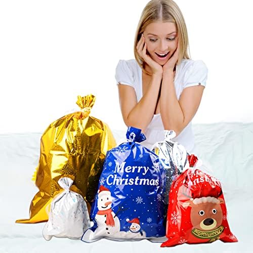 AokUox 35 peças bolsas de Natal embrulhando um grande embrulho em 4 tamanhos e 5 designs apresenta suprimentos de embrulho de férias de festas de festas de gravata fita, ouro, prata, vermelho, prata, azul, 23,7x17,4 polegadas