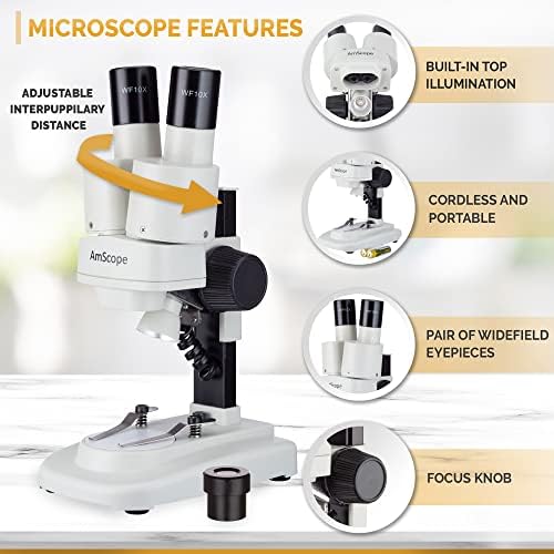 Microscópio estéreo portátil AMSCOPE 20X-40X W/Deluxe 3D Kits de amostras