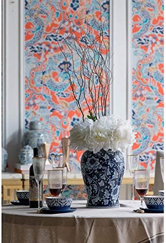 Jarra decorativa de porcelana de 18 A&B com tampa azul branco vaso floral de impressão flora