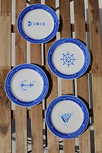 EURO CERAMICA AHOY COLEÇÃO NAUTICAL 8.7 Placas de cerâmica/sobremesa, conjunto de 4, projetos variados, azul e branco