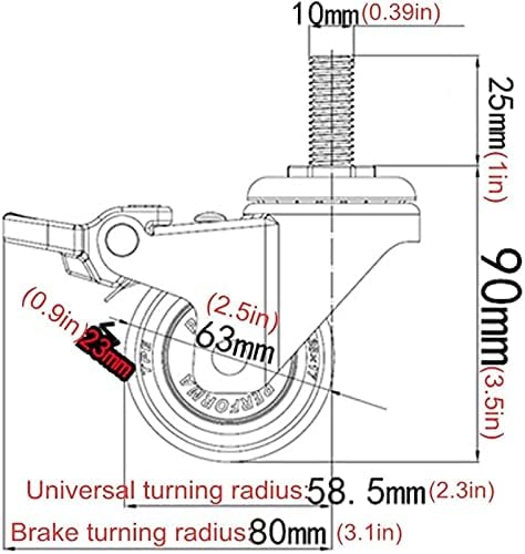 Rodas de giro de HJRD, rodas giratórias de 4pcsNoTerers, Bolter de tronco rosqueado M10x25mm, rodas de movinger de serviço pesado, rodas pequenas, rodas de carrinho com borracha TPE/freio/63mm/2.5in