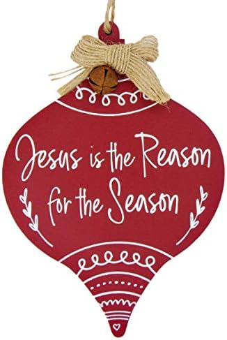 Needzo Jesus é o motivo da estação do enfeite de Natal de madeira vermelha com fita de barbante e sino de metal pequeno, 5 polegadas