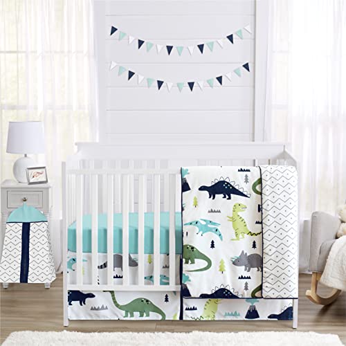 Sweet JoJo Designs azul verde moderno de dinossauros menino de cama de berço para bebês para colcha de berçário infantil, lençol equipado, saia, pilha de fraldas - 5pc - turquesa boho bohemian cinza e dinossauros de mod cor de branco