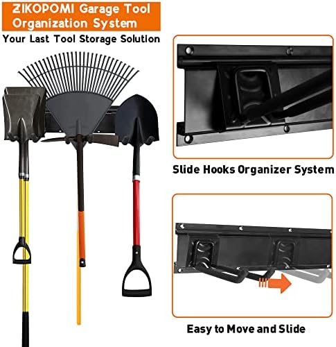 Montagem da parede do organizador de ferramentas 6 ganchos, sistema de armazenamento de garagem para serviço pesado suporte de prateleira de metal para ferramentas de jardim de quintal para garagem, tacos de ancinhas de broom de vassoura de vassoura de vassoura