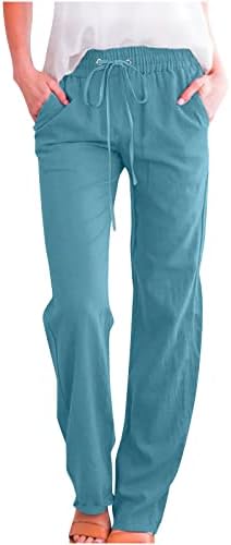 Calças de linho de algodão para mulheres Casual Casual Cantura elástica Ponta de perna reta Solides calças de lounge confortáveis ​​com bolsos