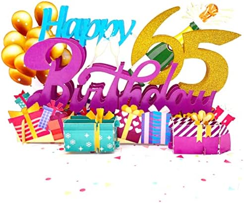 Liif Feliz 65º aniversário 3D CARTÃO POPUEL, CARTA DE FELIZ ANIVERSÁRIO PARA MULHERES, HOMENS, FONITY, 65 anos, balão, champanhe, celebração - com 65 Gold Glitter & Message Note
