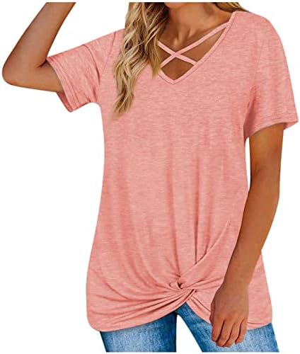 Camisas de verão femininas v pescoço cruzamento de bloqueio de torção cruzado de top top túnica de manga curta de túnica casual