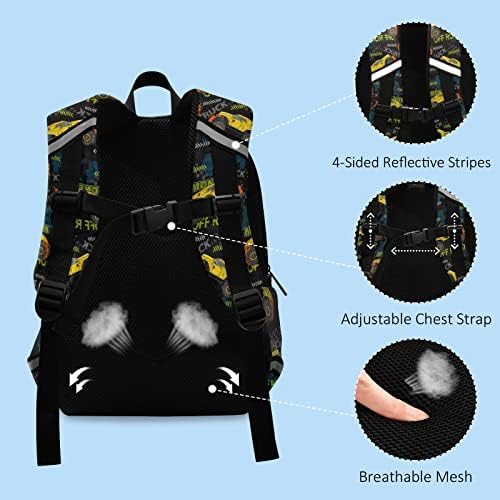 Monster Truck Off Road Kid's Beddler Backpack com coleira de segurança para garoto e menina, bolsa de livros de pré -escolar leves de carro amarelo, tamanho ideal para o jardim de infância à prova d'água para crianças 13 polegadas