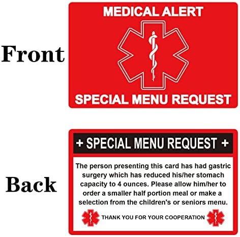 Cartão de cirurgia para perda de peso 3 x 4 polegadas de restaurante bariátrico vermelho 2 pacote de pacote de menu especial Restaurante