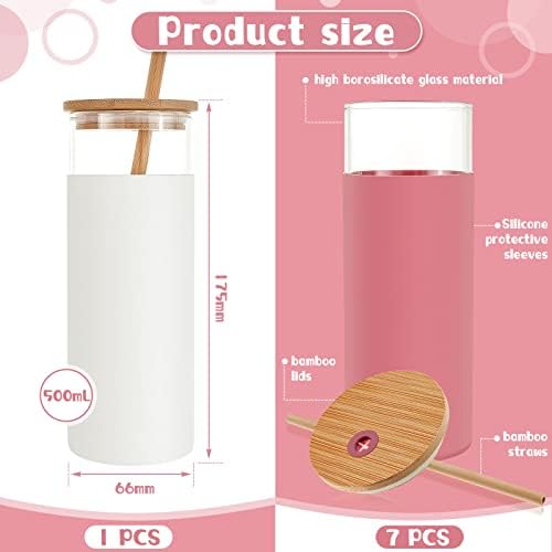 NUENEN 8 peças Proposta de dama de honra Presente Garrafa de copos de jarra de pedreiro 17,6 oz Coffee caneca de caneca de caneca reutilizável Tumbler de vidro com palha e tampa Bambu Silicone Sleeve para beber casamento