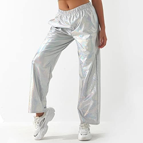 Odizli Womens Shiny Metallic High Caist de calça de corredor elástico clube de hip hop do clube de hip -hop use streetwear