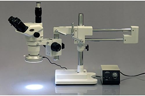 AMSCOPE ZM-4TN3 Microscópio de zoom estéreo trinocular profissional, EW10X Focando oculares, ampliação 2x-45x, objetivo de zoom de 0,67x-4,5x, iluminação ambiente, suporte de boom de braço duplo, inclui lente de barlow 0,3x
