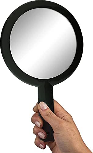 Mirrorvana Grande e confortável espelho de mão com alça na imagem preta e produto Small Compact 15x Melror de ampliação para