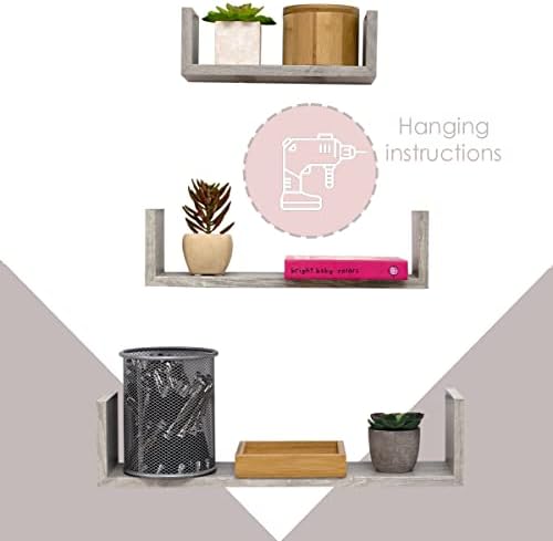 Home Basics Mount Mount Flutuating Wood Shelf Conjunto de 3 para sala de estar, quarto, banheiro, cozinha, organização moderna de decoração moderna, cinza, 3 contagem