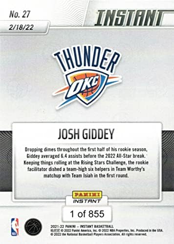 2021-22 Panini Instant Basketball 27 Josh Giddey Rookie Card Thunder - apenas 855