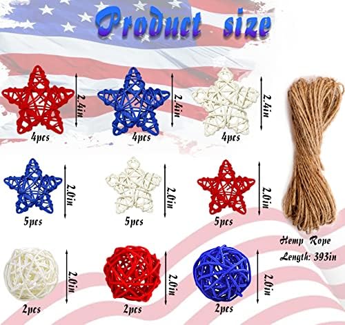 33 peças 4 de julho Decorações para casa de vime patriótico interno de casa Bolas Independence Memorial Day Red White e Blue Decorações Bolas de vime para material de festas Diy Craft com corda de cânhamo