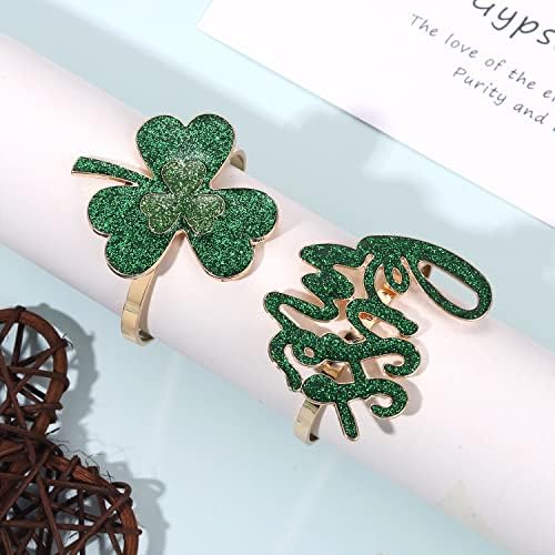 Bsjell St. Patrick's Day Napkin Rings Conjunto de 8 shinestone glitter verde folha guardana