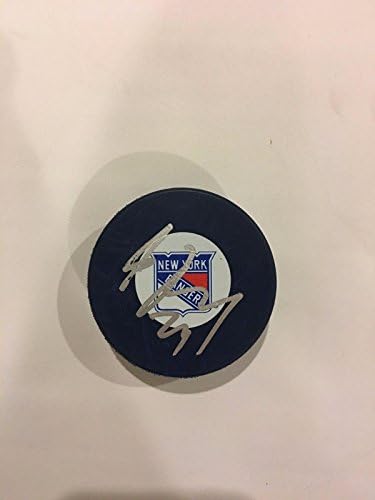 Jimmy Vesey assinou o New York Rangers Blue Hockey Puck Prova autografada - Pucks autografados da NHL