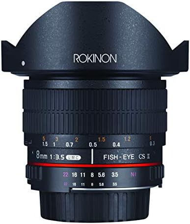 Rokinon HD8M-N 8mm f/3.5 HD Fisheye Lens com chip de abertura automática e capuz removível para Nikon DSLR 8-8mm, lente fixa-não-zoom
