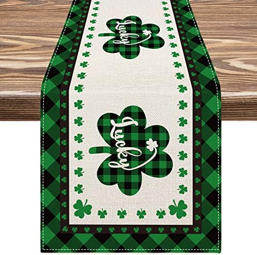 AnyDesign St. Patrick's Day Table Runner 13 x 72 retângulo verde xadrez preto shamrock tampa de férias irlandes