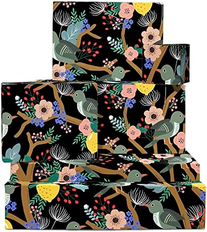 Papel de embrulho preto Central 23 - 6 folhas de embrulho e tags de presente floral - pássaro e flor - papel de embrulho de aniversário para crianças meninos meninas - vem com adesivos divertidos