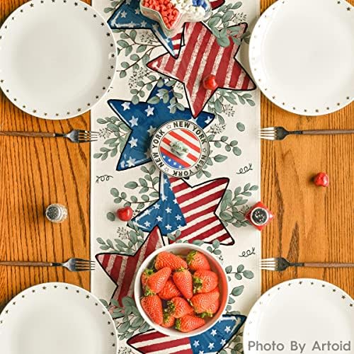 Modo American Flag American Stars Eucalyptus 4 de julho Runner de mesa, Memorial Day Kitchen Dining Table Decoration