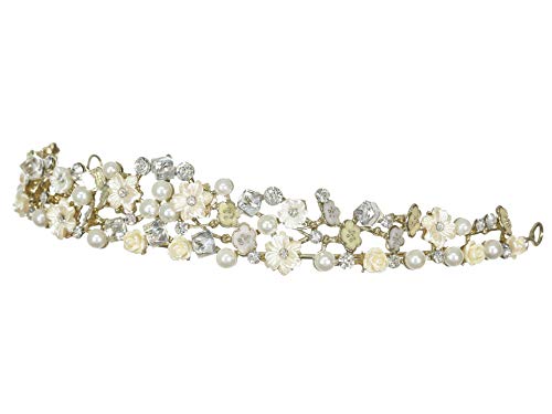 Samky Faux Pearl Flower Crystal Bridal Tiara Crown - Gold Bating T1215